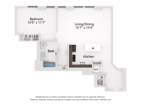 Floor plan for 1 bed, 1 bath, 830 sqft